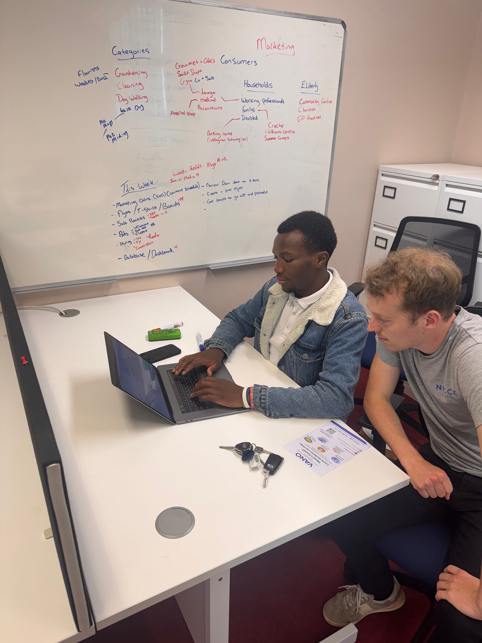 Two of Vano's founders building the platform on a laptop beside a planning whiteboard at ATU