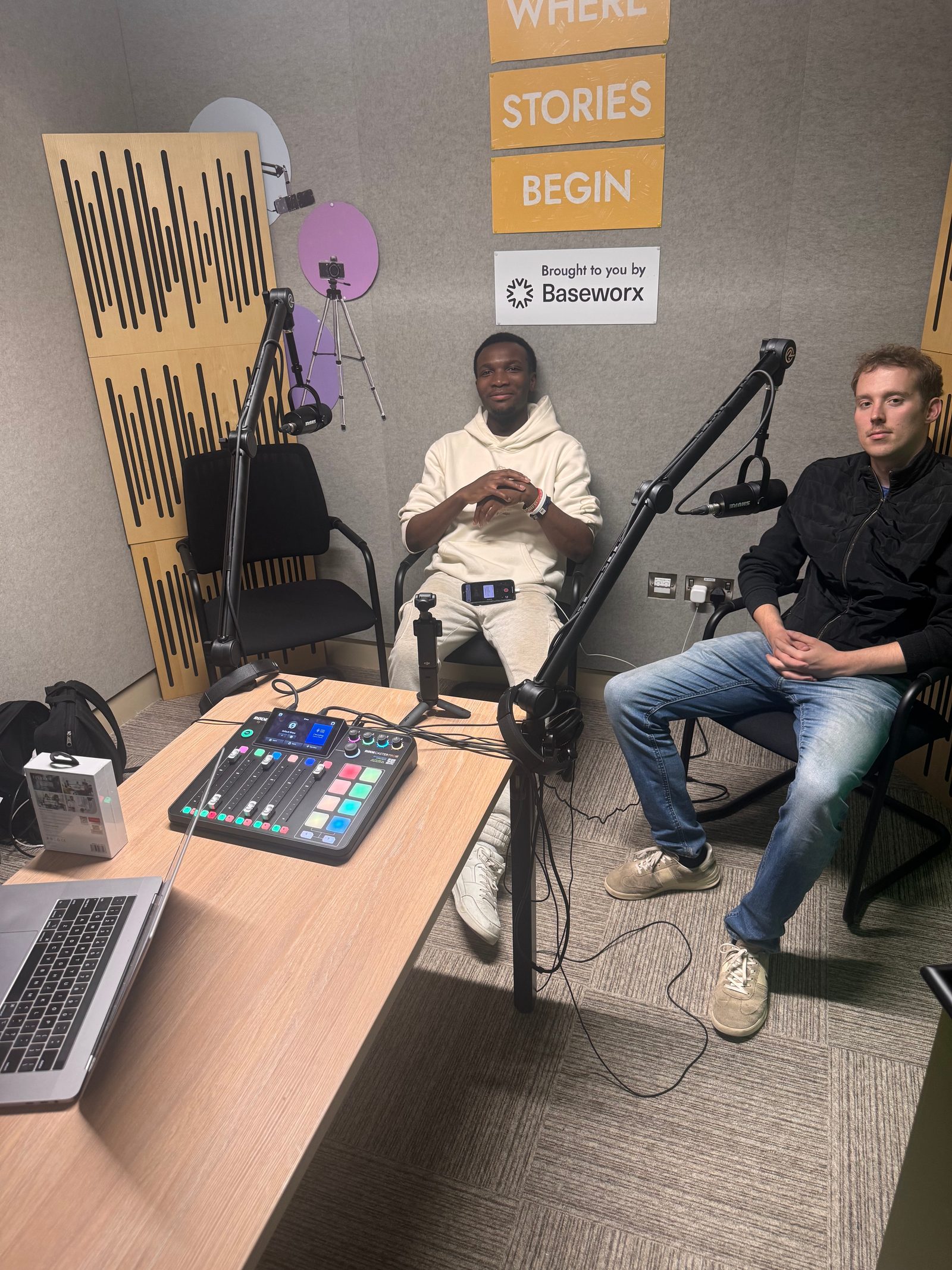 Vano's founders recording a podcast about building a student-run startup in Galway