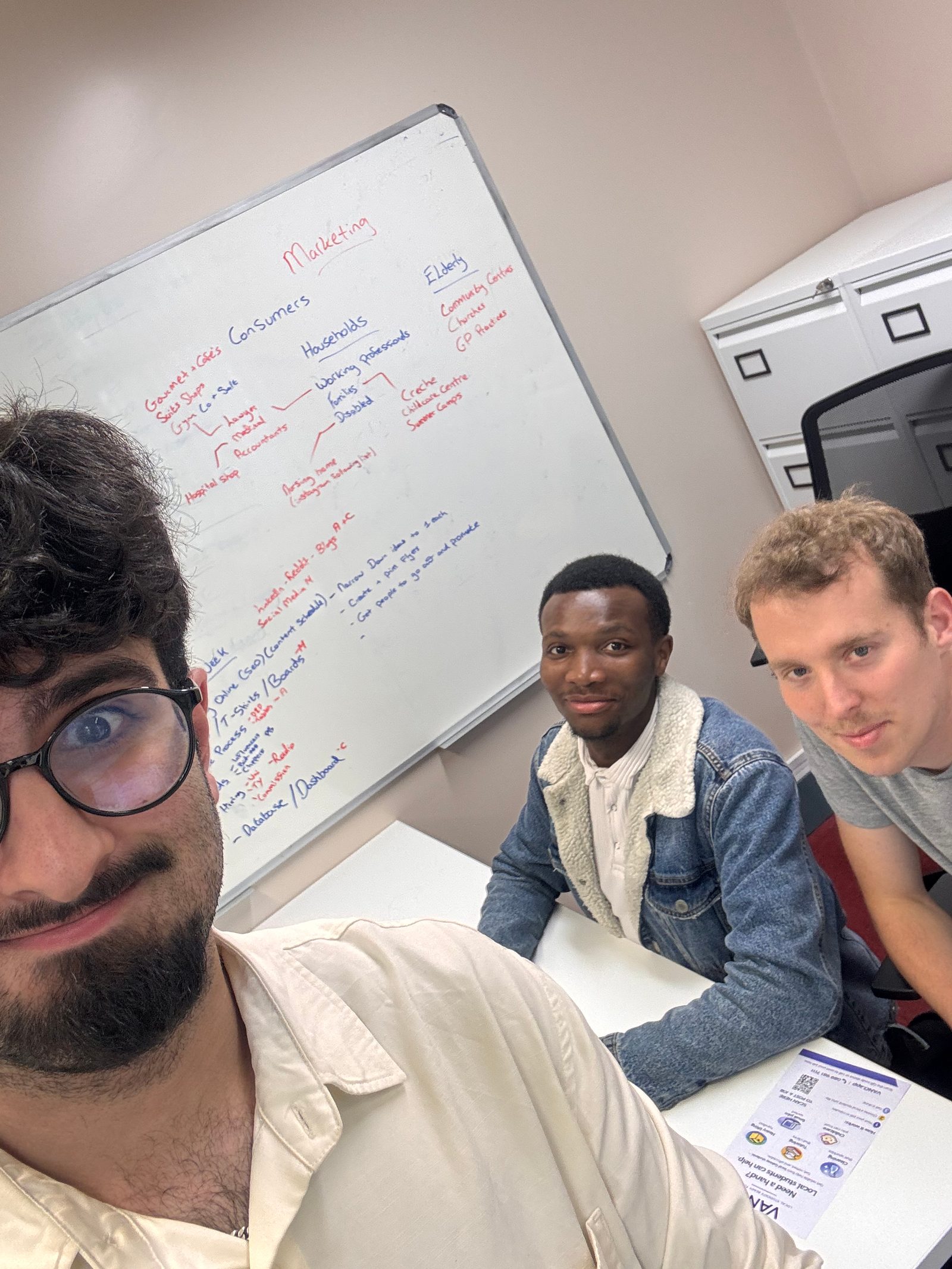 Ayush Puri, Cormac Hennessy and Michael Okocha — the ATU students who founded Vano — planning at a whiteboard in Galway